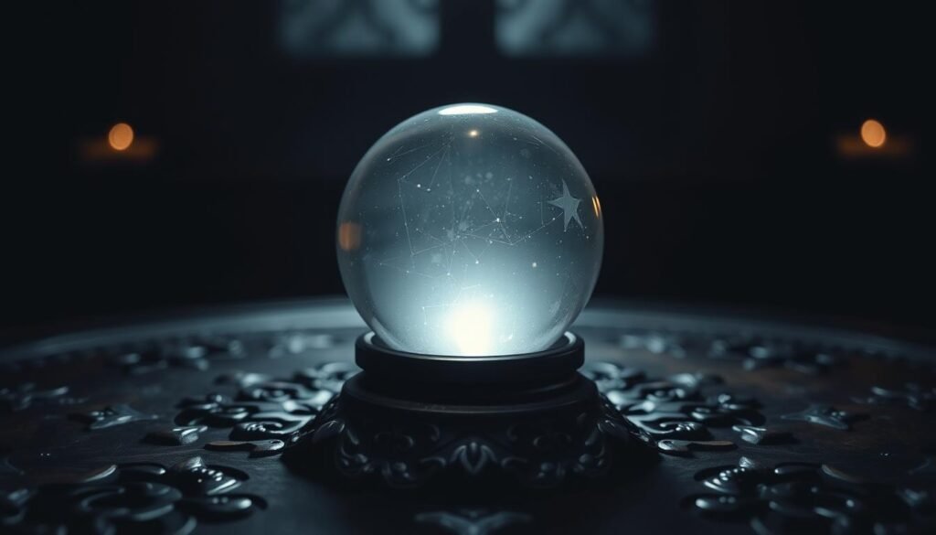 A close-up shot of a crystal ball resting on a dark, ornate wooden table. The ball is illuminated from within, casting a soft, ethereal glow that fills the frame. The background is blurred, creating a sense of mystery and intrigue. The lighting is moody and atmospheric, with subtle shadows and highlights that accentuate the tactile quality of the table's surface. The overall composition suggests a contemplative, divination-like scene, hinting at the insights and trends that may be revealed within the crystal ball.