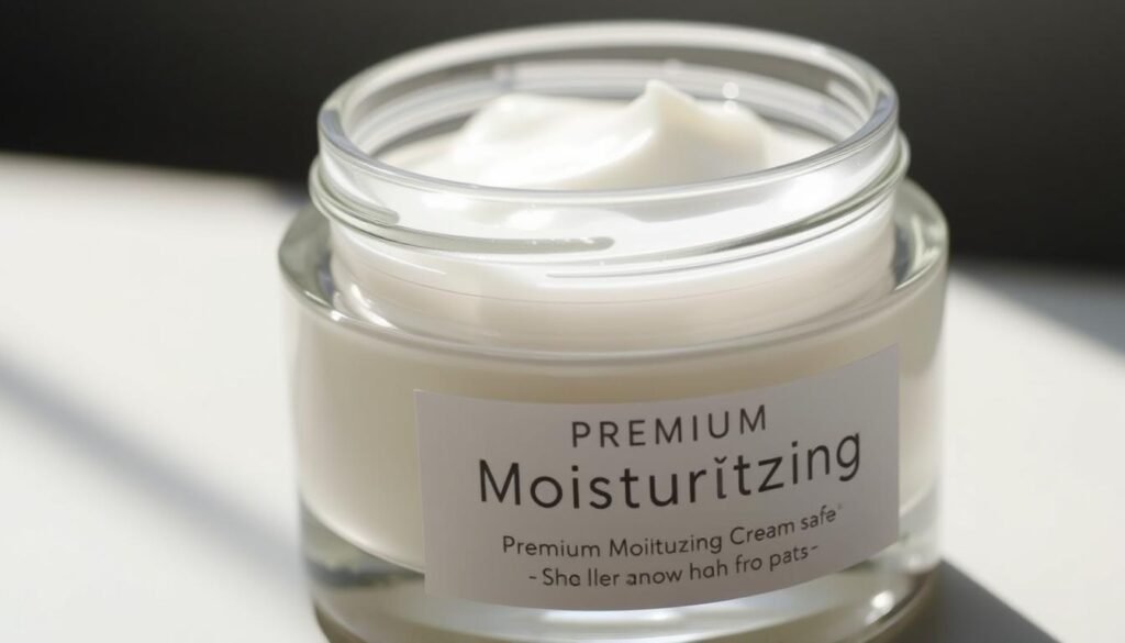 A close-up shot of a jar of premium moisturizing cream, showcasing its sleek glass container with a minimalist label. The cream has a smooth, creamy texture and a subtle, natural fragrance. The lighting is soft and diffused, accentuating the product's luxurious appearance. The background is blurred, creating a sense of focus and drawing the viewer's attention to the cream itself. The overall scene conveys a sense of high-quality, natural, and safe skincare, reflecting the review's emphasis on the product's effectiveness and lack of harmful ingredients.