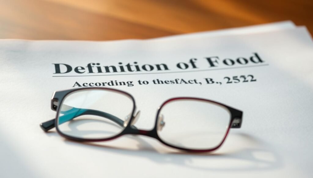 A close-up shot of a legal document, with the title "Definition of Food According to the Food Act B.E. 2522" prominently displayed. The document is illuminated by warm, natural lighting, casting subtle shadows across the crisp, white pages. In the foreground, a pair of reading glasses rests on the document, suggesting an attentive, scholarly examination. The background is blurred, creating a sense of focus and emphasis on the legal text. The overall composition conveys a sense of importance and attention to detail, reflecting the significance of the legal definition of food.