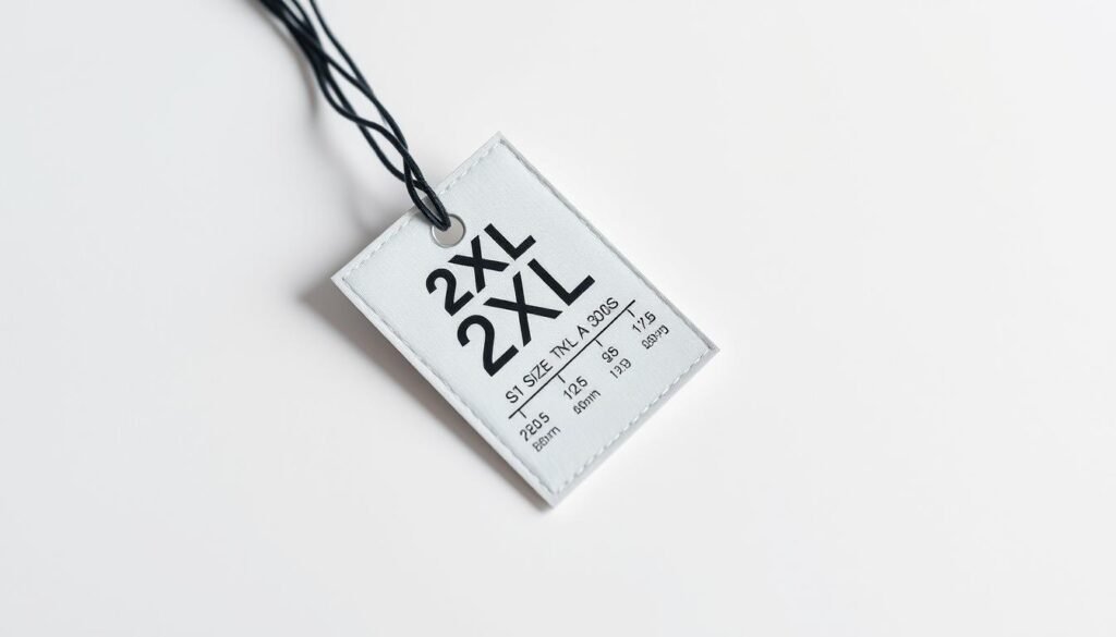 A close-up shot of a neatly folded 2XL size clothing tag against a clean, minimalist background. The tag is displayed prominently, with crisp, high-resolution details showcasing the size label and measurements. Soft, directional lighting illuminates the tag, creating subtle shadows and highlights that give depth and dimension to the image. The overall composition is balanced and visually appealing, allowing the key information on the tag to be the central focus. The mood is one of simplicity, clarity, and attention to detail, reflecting the informative nature of the content.