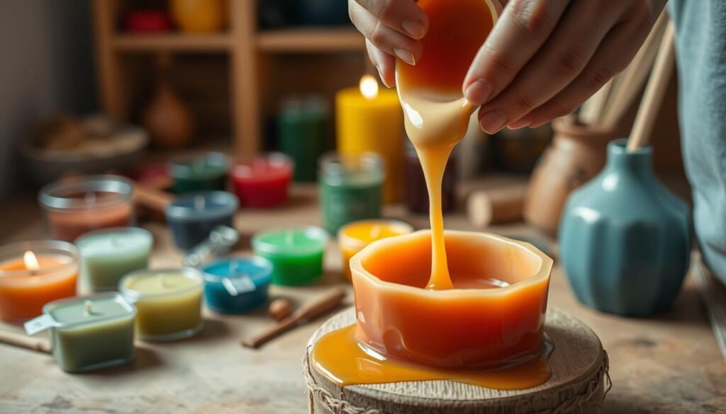 A close-up shot of an intricate candle-making process. In the foreground, a pair of skilled hands carefully pour molten wax into a mold, shaping the candle's form. The middle ground reveals an array of colorful waxes, wick trimmers, and other candle-making tools arranged on a wooden workbench. The background is softly lit, creating a warm, cozy atmosphere, hinting at the tranquil nature of this handcrafted activity. Diffused lighting casts gentle shadows, emphasizing the textures and details of the scene. The overall composition conveys the delicate, methodical steps involved in the traditional art of candle pouring. A close-up shot of an intricate candle-making process. In the foreground, a pair of skilled hands carefully pour molten wax into a mold, shaping the candle's form. The middle ground reveals an array of colorful waxes, wick trimmers, and other candle-making tools arranged on a wooden workbench. The background is softly lit, creating a warm, cozy atmosphere, hinting at the tranquil nature of this handcrafted activity. Diffused lighting casts gentle shadows, emphasizing the textures and details of the scene. The overall composition conveys the delicate, methodical steps involved in the traditional art of candle pouring.