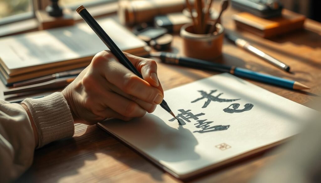 A close-up view of a hand skillfully crafting a pen-and-ink illustration, the tools and materials scattered across a wooden desk. Soft, natural lighting illuminates the scene, casting gentle shadows and highlights. The focal point is the intricate brushwork and the artist's focused expression, conveying the deliberate, creative process of "เทคนิคการเขียน". The background is blurred, placing emphasis on the act of artistic expression. The mood is one of thoughtful concentration and the joy of sharing knowledge through the written word.