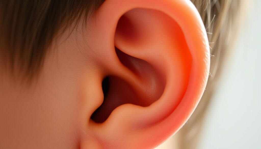 A close-up view of a person's ear, showing the outer ear and the ear canal. The ear is gently tilted to the side, revealing the intricate structure of the inner ear. The image is well-lit, with soft, diffused lighting that accentuates the details of the ear anatomy. The focus is sharp, capturing the fine textures and curves of the ear. The background is blurred, creating a sense of depth and directing the viewer's attention to the main subject. The overall mood is one of scientific curiosity and attention to detail, conveying the importance of understanding and caring for the delicate structures of the ear.