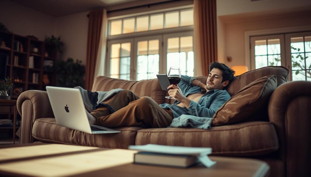 A cozy, everyday scene of a person casually engaging with FWB (Friends with Benefits) activities in the comfort of their home. A well-lit living room with warm, natural lighting from large windows. The person is lounging on a plush sofa, laptop or mobile device in hand, lost in a private moment. Subtle, tasteful details like discarded clothing, a glass of wine, and a relaxed, slightly disheveled appearance suggest the nature of their activities. The atmosphere is one of intimacy, comfort, and a sense of the mundane made intimate. The composition and lighting create a sense of voyeuristic observation, allowing the viewer to imaginatively inhabit the scene.