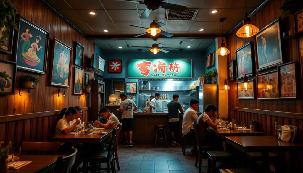 A cozy neighborhood Thai restaurant, bathed in warm lighting and the inviting aroma of sizzling curries and fragrant herbs. The interior features rustic wooden furnishings, vibrant Thai-inspired artwork, and an open kitchen where skilled chefs expertly prepare iconic dishes. Patrons savor flavorful plates of Pad Thai, Tom Yum Goong, and Massaman Curry, complemented by refreshing Thai iced tea. The atmosphere exudes a lively, authentic ambiance, transporting diners to the bustling streets of Bangkok. A quintessential local gem that celebrates the rich culinary traditions of Thailand. A cozy neighborhood Thai restaurant, bathed in warm lighting and the inviting aroma of sizzling curries and fragrant herbs. The interior features rustic wooden furnishings, vibrant Thai-inspired artwork, and an open kitchen where skilled chefs expertly prepare iconic dishes. Patrons savor flavorful plates of Pad Thai, Tom Yum Goong, and Massaman Curry, complemented by refreshing Thai iced tea. The atmosphere exudes a lively, authentic ambiance, transporting diners to the bustling streets of Bangkok. A quintessential local gem that celebrates the rich culinary traditions of Thailand.