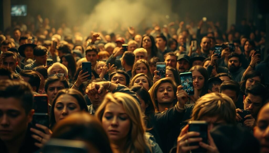 A crowded scene of passionate fan reactions, capturing the intense emotional outpouring following a high-profile celebrity breakup. Swarms of fans gathered, some with tears streaming down their faces, others angrily shaking their fists. Blurred figures in the foreground express a range of distressed expressions - shock, disbelief, heartbreak. In the middle ground, a sea of phones held high, recording videos and snapping photos, documenting the raw human reactions. The background is a hazy, chaotic blur of bodies and movement, conveying the overwhelming sense of collective emotion. Moody, dramatic lighting casts dramatic shadows, heightening the gravity of the moment. An evocative, cinéma vérité-style depiction of the powerful public response to a personal celebrity relationship ending.