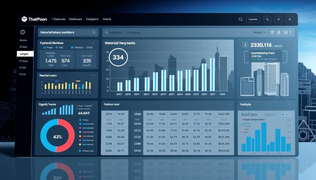 A detailed data visualization showcasing the analysis and trends of Thai lottery results. A sophisticated dashboard-style layout with interactive charts, graphs, and visual aids. The foreground displays a sleek, minimalist interface with clean typography and precise data visualizations. The middle ground features a large bar graph charting historical lottery numbers and their frequency. The background depicts a stylized cityscape, hinting at the nationwide impact of the lottery. Crisp, high-contrast lighting emphasizes the analytical nature of the scene. An overall tone of professionalism, transparency, and insight to help lottery enthusiasts make informed decisions.