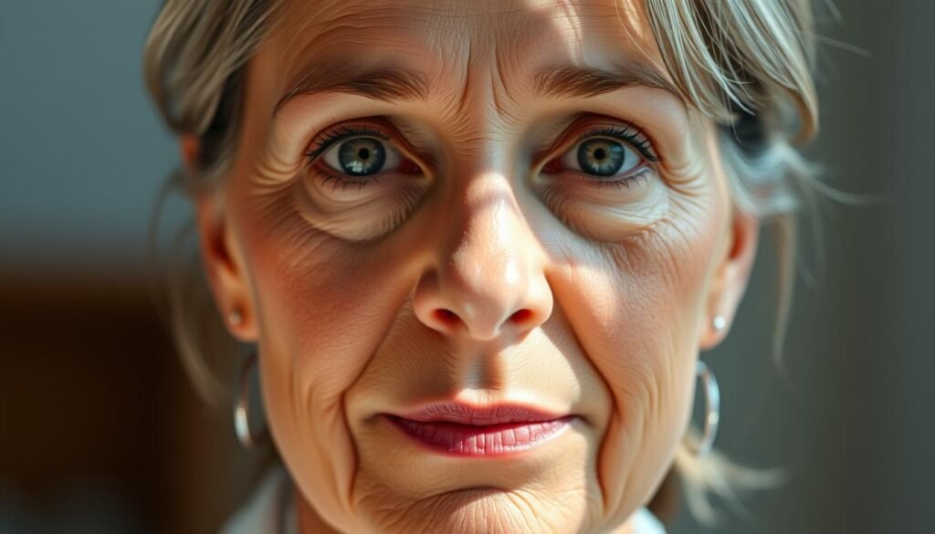 A detailed, high-resolution facial analysis of a mature, Caucasian woman in natural lighting. Capture the subtle contours, shadows, and textures of her face from a slightly elevated, three-quarter angle. Showcase the distinct features that contribute to her unique facial structure, including the defined cheekbones, arched brows, and well-proportioned nose. Convey a sense of poise and focus, as if the subject is intently examining or evaluating her own visage. Render the image with a sophisticated, clinical aesthetic that suggests a medical or scientific context, without distracting elements or overt stylization. A detailed, high-resolution facial analysis of a mature, Caucasian woman in natural lighting. Capture the subtle contours, shadows, and textures of her face from a slightly elevated, three-quarter angle. Showcase the distinct features that contribute to her unique facial structure, including the defined cheekbones, arched brows, and well-proportioned nose. Convey a sense of poise and focus, as if the subject is intently examining or evaluating her own visage. Render the image with a sophisticated, clinical aesthetic that suggests a medical or scientific context, without distracting elements or overt stylization.