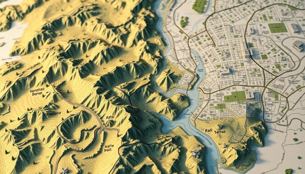 A detailed, high-resolution map showcasing the diverse typologies of cartography. In the foreground, a lush, hand-drawn topographical map with intricate contour lines, dense forests, and winding rivers. In the middle ground, a crisp, satellite-derived terrain map highlighting elevation, landforms, and hydrological features. In the background, a sleek, minimalist city map with clean vector-based roads, landmarks, and neighborhoods. The scene is illuminated by warm, directional lighting, casting subtle shadows and highlights to accentuate the tactile, tangible quality of the maps. The overall mood is one of exploration, knowledge, and the multifaceted nature of spatial representation. A detailed, high-resolution map showcasing the diverse typologies of cartography. In the foreground, a lush, hand-drawn topographical map with intricate contour lines, dense forests, and winding rivers. In the middle ground, a crisp, satellite-derived terrain map highlighting elevation, landforms, and hydrological features. In the background, a sleek, minimalist city map with clean vector-based roads, landmarks, and neighborhoods. The scene is illuminated by warm, directional lighting, casting subtle shadows and highlights to accentuate the tactile, tangible quality of the maps. The overall mood is one of exploration, knowledge, and the multifaceted nature of spatial representation.