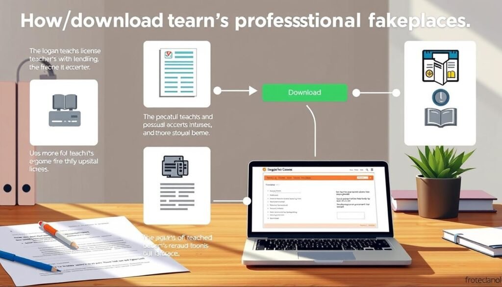 A detailed illustration of the step-by-step process of downloading a teacher's professional license. A clean, well-organized workspace with a laptop, documents, and a digital interface showcasing the various stages of the download procedure. Soft, natural lighting casts a warm, focused glow, guiding the viewer's attention to the core elements. The composition features a balanced hierarchy, emphasizing the key steps while providing contextual details in the background. The overall tone is informative, professional, and visually appealing, perfectly suited to accompany the article's subject matter.