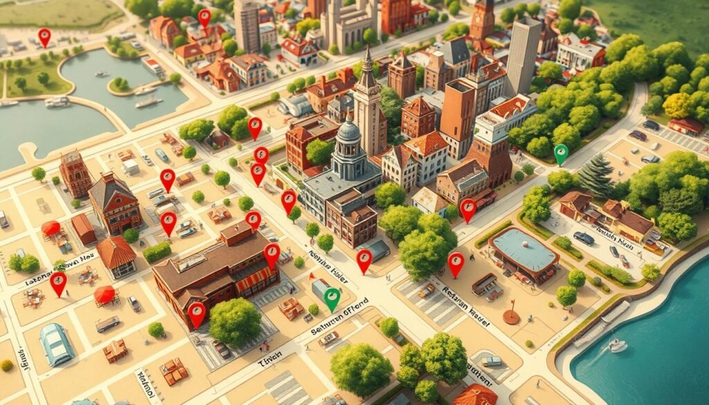 A detailed map of a lively neighborhood, showcasing a collection of diverse restaurants within close proximity. The foreground features vibrant icons and markers denoting the precise locations of each eatery, inviting the viewer to explore. The middle ground presents neatly labeled street names and directional cues, guiding the viewer's path. In the background, a richly illustrated cityscape, with distinctive architectural elements and lush greenery, creates a sense of place. The lighting is warm and inviting, evoking a pleasant and welcoming atmosphere. The perspective is a bird's-eye view, allowing for a comprehensive overview of the area and its culinary offerings. A detailed map of a lively neighborhood, showcasing a collection of diverse restaurants within close proximity. The foreground features vibrant icons and markers denoting the precise locations of each eatery, inviting the viewer to explore. The middle ground presents neatly labeled street names and directional cues, guiding the viewer's path. In the background, a richly illustrated cityscape, with distinctive architectural elements and lush greenery, creates a sense of place. The lighting is warm and inviting, evoking a pleasant and welcoming atmosphere. The perspective is a bird's-eye view, allowing for a comprehensive overview of the area and its culinary offerings.