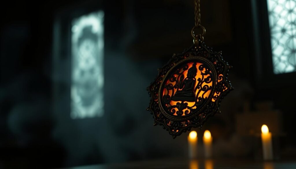 A detailed, ornate Thai Buddhist amulet levitating against a dimly lit, atmospheric backdrop. The amulet's intricate design features intricate patterns, gilded edges, and a subtle glow. The lighting casts dramatic shadows, emphasizing the depth and texture of the object. The scene is shrouded in a hazy, mystical ambiance, evoking a sense of reverence and cultural heritage. The camera angle is slightly elevated, allowing the amulet to be the focal point, commanding attention. The overall mood is contemplative, inviting the viewer to appreciate the craftsmanship and spiritual significance of this traditional Thai cultural relic. A detailed, ornate Thai Buddhist amulet levitating against a dimly lit, atmospheric backdrop. The amulet's intricate design features intricate patterns, gilded edges, and a subtle glow. The lighting casts dramatic shadows, emphasizing the depth and texture of the object. The scene is shrouded in a hazy, mystical ambiance, evoking a sense of reverence and cultural heritage. The camera angle is slightly elevated, allowing the amulet to be the focal point, commanding attention. The overall mood is contemplative, inviting the viewer to appreciate the craftsmanship and spiritual significance of this traditional Thai cultural relic.