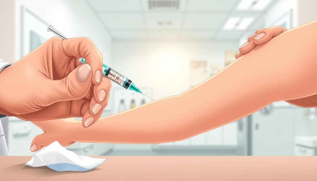 A detailed, step-by-step illustration of the rabies vaccination process. A close-up view of a medical professional's hands preparing the vaccine syringe, with a sterile cotton swab and antiseptic solution in the foreground. In the middle ground, the patient's arm is exposed, ready for the injection. The background depicts a clean, well-lit medical setting, conveying a sense of professionalism and care. The overall scene radiates a calm, reassuring atmosphere, guiding the viewer through the vaccination procedure with precision and clarity. A detailed, step-by-step illustration of the rabies vaccination process. A close-up view of a medical professional's hands preparing the vaccine syringe, with a sterile cotton swab and antiseptic solution in the foreground. In the middle ground, the patient's arm is exposed, ready for the injection. The background depicts a clean, well-lit medical setting, conveying a sense of professionalism and care. The overall scene radiates a calm, reassuring atmosphere, guiding the viewer through the vaccination procedure with precision and clarity.