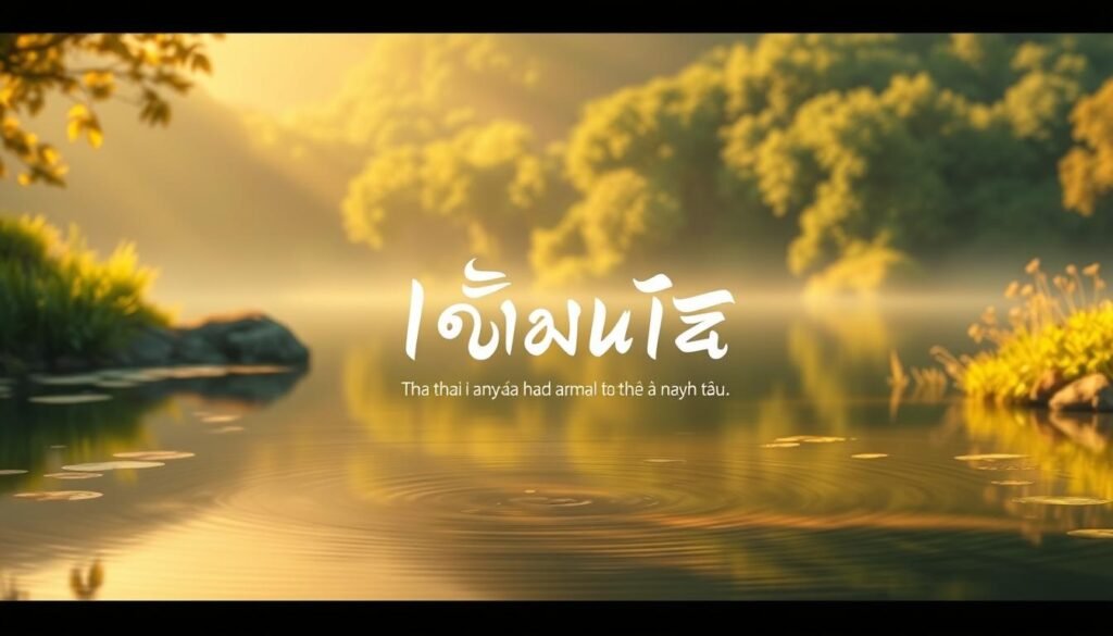 A elegant and timeless illustration of a classic Thai proverb, showcasing a serene landscape with a tranquil pond and lush greenery. The scene is bathed in warm, golden light, creating a sense of contemplation and wisdom. In the foreground, a delicately calligraphed Thai script floats elegantly, the characters appearing to be etched upon the water's surface. The overall composition evokes a timeless, inspirational mood, capturing the essence of the classic Thai wisdom that the image is meant to represent. A elegant and timeless illustration of a classic Thai proverb, showcasing a serene landscape with a tranquil pond and lush greenery. The scene is bathed in warm, golden light, creating a sense of contemplation and wisdom. In the foreground, a delicately calligraphed Thai script floats elegantly, the characters appearing to be etched upon the water's surface. The overall composition evokes a timeless, inspirational mood, capturing the essence of the classic Thai wisdom that the image is meant to represent.