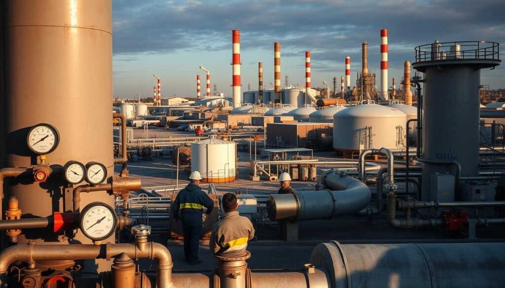 A gas exchange station with various equipment and infrastructure. In the foreground, a group of workers in protective gear monitoring the gas flow and pressure gauges. In the middle ground, large storage tanks and distribution pipes, conveying the movement of different gas types. In the background, a complex of industrial buildings, pipes, and chimneys, creating an atmosphere of a bustling, high-tech gas processing facility. The scene is illuminated by a mix of natural and artificial lighting, casting long shadows and creating a sense of depth and scale. The overall mood is one of controlled activity, with safety and efficiency as the top priorities.