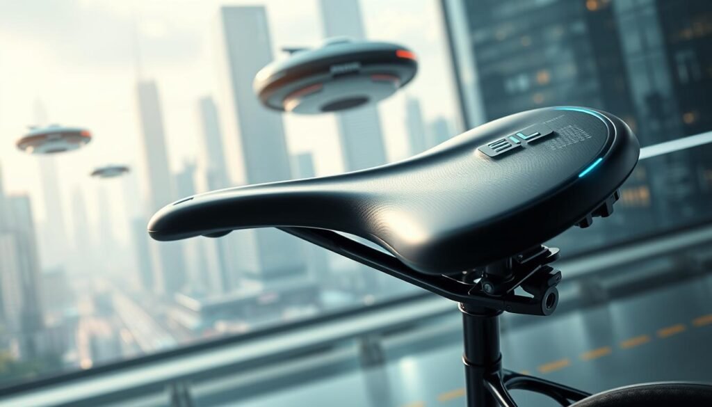 A high-tech bicycle saddle, its sleek contours and state-of-the-art sensors seamlessly integrated. The saddle's surface gleams under soft, diffused lighting, hinting at the advanced technology within. In the background, a futuristic cityscape with towering skyscrapers and hovering autonomous vehicles sets the scene. The overall atmosphere is one of innovation, progress, and the seamless fusion of technology and mobility. The image should convey the cutting-edge advancements in the bicycle accessories market, capturing the essence of the "News and Trends in the Bicycle Saddle Market Today" section. A high-tech bicycle saddle, its sleek contours and state-of-the-art sensors seamlessly integrated. The saddle's surface gleams under soft, diffused lighting, hinting at the advanced technology within. In the background, a futuristic cityscape with towering skyscrapers and hovering autonomous vehicles sets the scene. The overall atmosphere is one of innovation, progress, and the seamless fusion of technology and mobility. The image should convey the cutting-edge advancements in the bicycle accessories market, capturing the essence of the "News and Trends in the Bicycle Saddle Market Today" section.
