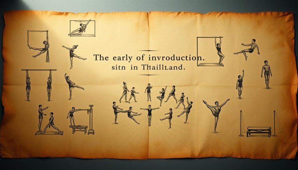 A historical document showcasing the early introduction of gymnastics in Thailand. A worn, aged parchment-like surface with faded ink, conveying a sense of antiquity. Detailed illustrations depict various gymnastic movements and equipment, meticulously rendered in a vintage, hand-drawn style. The middle ground features a composition of athletes performing intricate routines, their poses frozen in time. The background is hazy, with a muted color palette evoking a sense of nostalgia. Soft, directional lighting from the upper left casts subtle shadows, adding depth and dimension to the scene. The overall atmosphere conveys the historical significance and pioneering spirit of gymnastics education in Thailand. A historical document showcasing the early introduction of gymnastics in Thailand. A worn, aged parchment-like surface with faded ink, conveying a sense of antiquity. Detailed illustrations depict various gymnastic movements and equipment, meticulously rendered in a vintage, hand-drawn style. The middle ground features a composition of athletes performing intricate routines, their poses frozen in time. The background is hazy, with a muted color palette evoking a sense of nostalgia. Soft, directional lighting from the upper left casts subtle shadows, adding depth and dimension to the scene. The overall atmosphere conveys the historical significance and pioneering spirit of gymnastics education in Thailand.