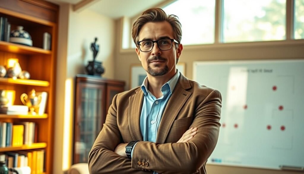 A knowledgeable football expert, standing confidently with a focused gaze, surrounded by a well-appointed office setting. Warm, natural lighting from a large window creates a professional, authoritative atmosphere. The expert's pose and attire convey expertise and credibility, inviting the viewer to trust their analysis. In the background, a bookshelf, trophy case, and tactical whiteboard suggest a deep understanding of the game. The image should convey a sense of credibility, expertise, and thoughtful, insightful commentary on the day's matches. A knowledgeable football expert, standing confidently with a focused gaze, surrounded by a well-appointed office setting. Warm, natural lighting from a large window creates a professional, authoritative atmosphere. The expert's pose and attire convey expertise and credibility, inviting the viewer to trust their analysis. In the background, a bookshelf, trophy case, and tactical whiteboard suggest a deep understanding of the game. The image should convey a sense of credibility, expertise, and thoughtful, insightful commentary on the day's matches.