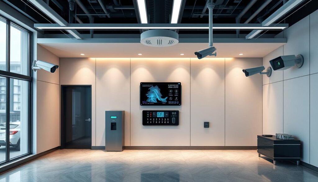 A modern, state-of-the-art security system with sleek, minimalist design. A central control panel with biometric authentication and advanced monitoring sensors. Discreet security cameras blend seamlessly into the architecture, capturing high-definition footage. Robust data encryption and real-time threat detection algorithms provide comprehensive protection. The atmosphere is one of assurance and technological sophistication, instilling a sense of safety and security. A modern, state-of-the-art security system with sleek, minimalist design. A central control panel with biometric authentication and advanced monitoring sensors. Discreet security cameras blend seamlessly into the architecture, capturing high-definition footage. Robust data encryption and real-time threat detection algorithms provide comprehensive protection. The atmosphere is one of assurance and technological sophistication, instilling a sense of safety and security.