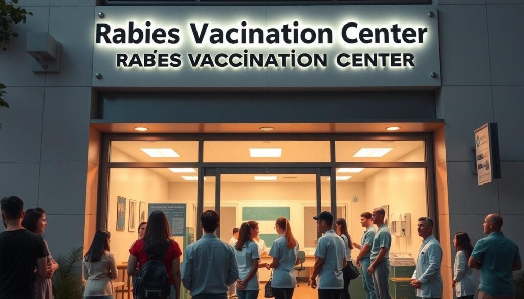 A modern, well-equipped veterinary clinic with a prominent sign that reads "Rabies Vaccination Center" in Thai script. The building has a sleek, minimalist facade with large windows and a welcoming entrance. The scene is bathed in warm, natural lighting, creating a sense of professionalism and care. In the foreground, a group of people are queuing orderly, patiently waiting to receive their pets' rabies vaccinations. The middle ground features a team of attentive staff members, dressed in clean, medical uniforms, ready to assist the clients. The background showcases a clean, organized interior with state-of-the-art medical equipment, creating an atmosphere of trust and reliability. A modern, well-equipped veterinary clinic with a prominent sign that reads "Rabies Vaccination Center" in Thai script. The building has a sleek, minimalist facade with large windows and a welcoming entrance. The scene is bathed in warm, natural lighting, creating a sense of professionalism and care. In the foreground, a group of people are queuing orderly, patiently waiting to receive their pets' rabies vaccinations. The middle ground features a team of attentive staff members, dressed in clean, medical uniforms, ready to assist the clients. The background showcases a clean, organized interior with state-of-the-art medical equipment, creating an atmosphere of trust and reliability.