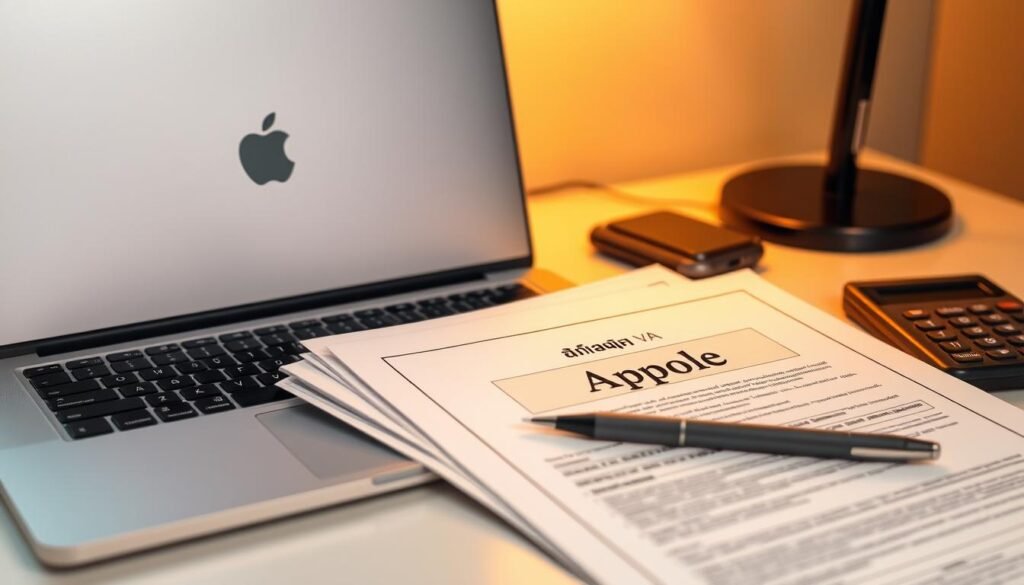 A neatly organized desk with an Apple laptop, a stack of official-looking documents, a pen, and a calculator. The documents are labeled "เอกสารขอเงินคืน Apple" in a Thai script. Warm, indirect lighting illuminates the scene, creating a professional and detail-oriented atmosphere. The composition emphasizes the documents as the focal point, hinting at the process of preparing for a refund claim. The overall mood is one of diligence and attention to detail, reflecting the care needed to navigate the refund procedure. A neatly organized desk with an Apple laptop, a stack of official-looking documents, a pen, and a calculator. The documents are labeled "เอกสารขอเงินคืน Apple" in a Thai script. Warm, indirect lighting illuminates the scene, creating a professional and detail-oriented atmosphere. The composition emphasizes the documents as the focal point, hinting at the process of preparing for a refund claim. The overall mood is one of diligence and attention to detail, reflecting the care needed to navigate the refund procedure.