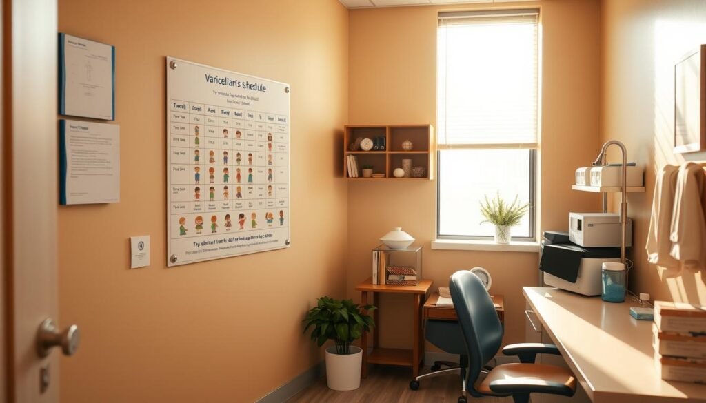 A neatly organized medical office, with a prominently displayed vaccination schedule chart on the wall. The chart features clear illustrations of children at different ages, along with corresponding vaccination icons and timelines. The room is bathed in warm, natural lighting, creating a calming, professional atmosphere. The chart is the focal point, conveying the necessary information about the varicella vaccine schedule in a visually appealing and easy-to-understand manner. The overall scene promotes a sense of trust and confidence in the vaccination process. A neatly organized medical office, with a prominently displayed vaccination schedule chart on the wall. The chart features clear illustrations of children at different ages, along with corresponding vaccination icons and timelines. The room is bathed in warm, natural lighting, creating a calming, professional atmosphere. The chart is the focal point, conveying the necessary information about the varicella vaccine schedule in a visually appealing and easy-to-understand manner. The overall scene promotes a sense of trust and confidence in the vaccination process.