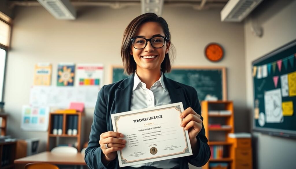 A professional educator standing confidently in a well-lit classroom, dressed in formal attire. They hold a teacher's license in their hand, showcasing it with pride. The classroom is filled with learning materials, including books, educational posters, and a chalkboard in the background. The lighting is warm and inviting, creating a sense of professionalism and expertise. The camera angle is slightly low, emphasizing the authority and knowledge of the teacher. The overall mood is one of competence, dedication, and a commitment to quality education.