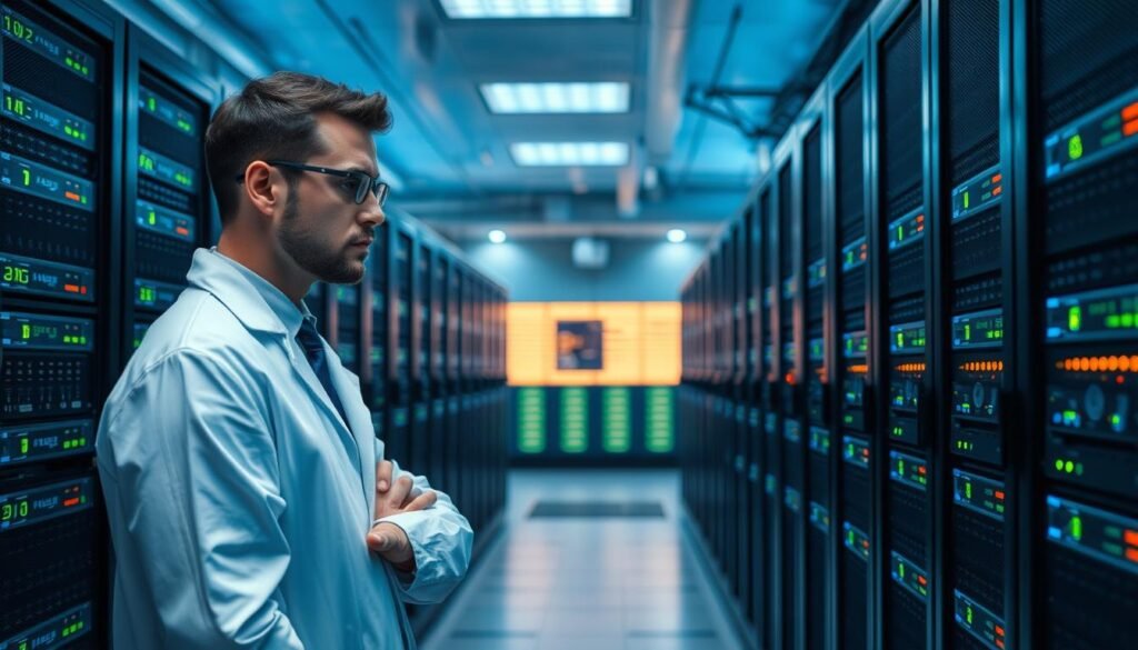 A secure data storage room with rows of high-tech server racks, LED status lights, and a sleek, minimalist design. The room is bathed in a soft, blue-tinted lighting, creating a calming, futuristic atmosphere. The servers are arranged in a symmetrical pattern, conveying a sense of order and efficiency. In the foreground, a technician dressed in a clean, white lab coat examines the equipment, their face partially obscured by the glow of a holographic interface. The background is blurred, but hints at advanced monitoring systems and security measures, emphasizing the importance of safeguarding digital assets. A secure data storage room with rows of high-tech server racks, LED status lights, and a sleek, minimalist design. The room is bathed in a soft, blue-tinted lighting, creating a calming, futuristic atmosphere. The servers are arranged in a symmetrical pattern, conveying a sense of order and efficiency. In the foreground, a technician dressed in a clean, white lab coat examines the equipment, their face partially obscured by the glow of a holographic interface. The background is blurred, but hints at advanced monitoring systems and security measures, emphasizing the importance of safeguarding digital assets.