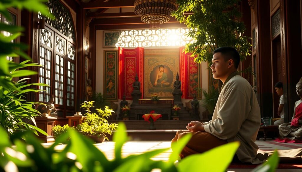 A serene Buddhist temple nestled amidst lush greenery, the morning sunlight filtering through the ornate windows. In the foreground, a devout worshipper sits cross-legged, their face radiating calm contemplation as they ponder the profound wisdom of an inspirational verse. The middle ground showcases intricate tapestries and statues, each imbued with layers of symbolism and spiritual significance. In the background, other devotees engage in prayer and meditation, their expressions reflecting the transformative power of the words that guide their journey. The scene evokes a sense of tranquility, reverence, and the profound impact that thoughtful, insightful phrases can have on one's life and perspective.