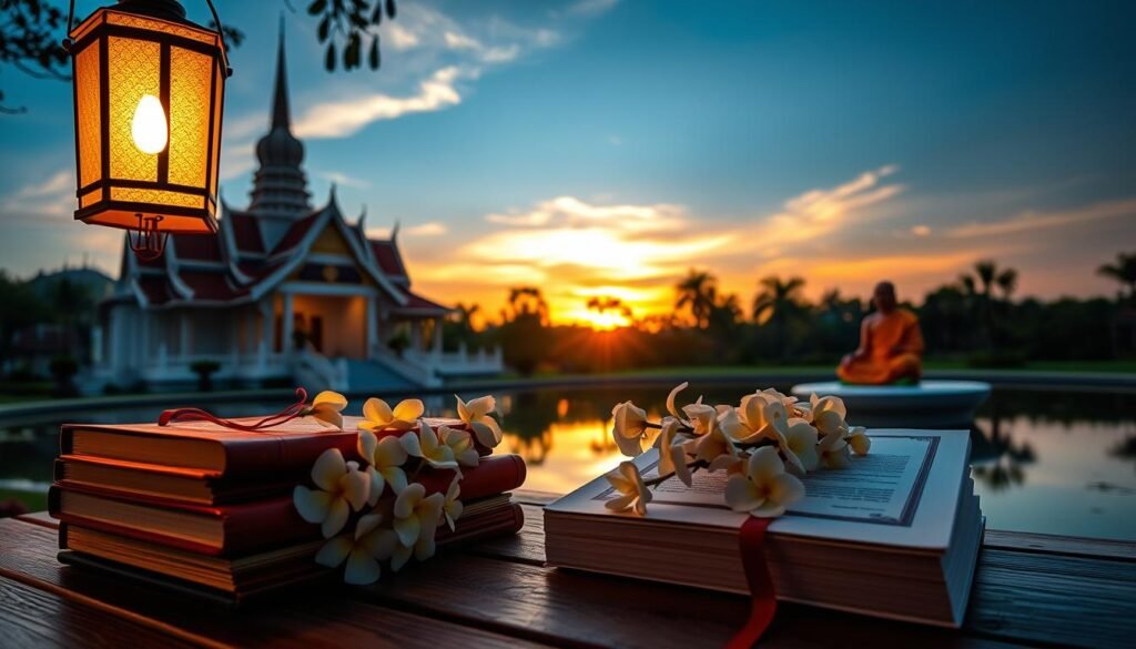 A serene Thai Buddhist temple at dusk, with a glowing lantern illuminating the intricate architecture and a tranquil pond reflecting the scene. In the foreground, a stack of Thai Buddhist scripture books rests on a wooden table, with a garland of jasmine flowers draped across them, symbolizing the veneration of Buddhist teachings on Asalha Puja day. The middle ground features a monk in saffron robes, sitting in a meditative pose, conveying the spiritual essence of the holiday. The background showcases a striking sunset, casting a warm, golden glow over the entire composition and creating a sense of contemplation and inner peace.