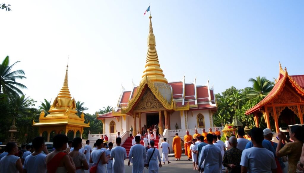 A serene Thai Buddhist temple, its ornate golden spires and intricate carved façade standing in the foreground. Devotees dressed in traditional white robes gather around the central stupa, engaging in contemplative rituals and offering flowers, incense, and alms. The middle ground features a procession of monks, their saffron robes swaying gently, leading a ceremonial parade. In the background, lush tropical foliage and a clear blue sky set the peaceful, reverential atmosphere. Soft, diffused natural lighting bathes the scene, creating a sense of warmth and spirituality. The overall composition captures the essence of the Vassa (Rains Retreat) festivities, a time of spiritual renewal and community celebration.