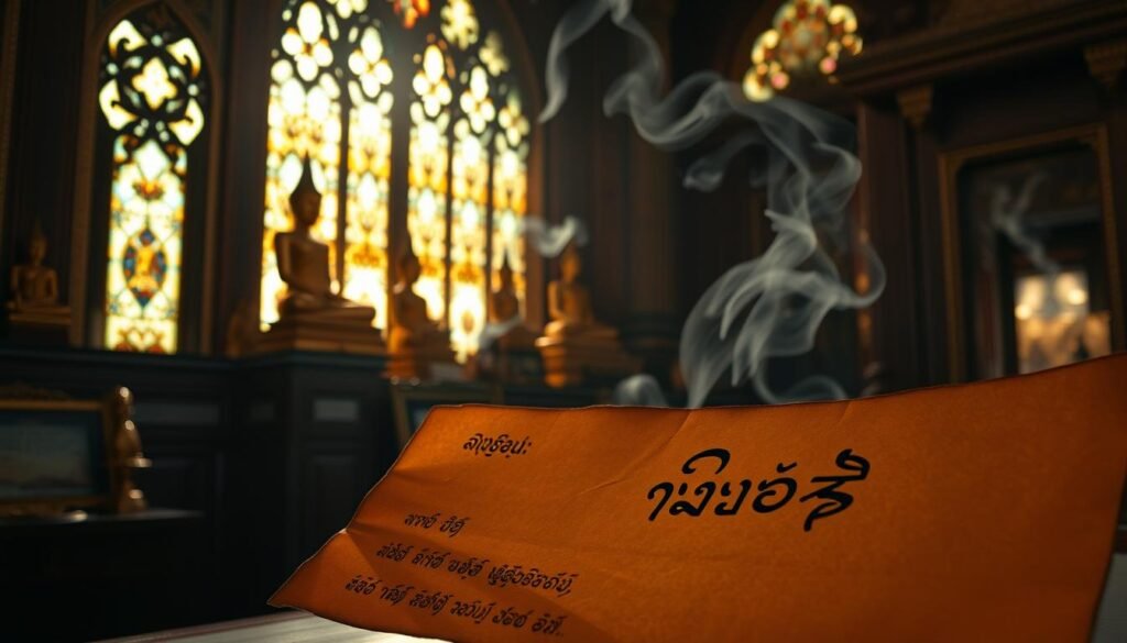 A serene Thai temple at dawn, sunlight filtering through stained glass windows, illuminating ornate Buddha statues and intricate carvings on the walls. Wisps of incense drift through the air, creating an atmosphere of tranquility and contemplation. In the foreground, hand-written Thai calligraphy on aged parchment unfurls, the characters seemingly glowing with an inner light - "คำคมสร้างแรงบันดาลใจชีวิต", words of wisdom that inspire and uplift the soul. The composition is balanced, with a sense of harmony and spiritual resonance, inviting the viewer to pause and reflect on the profound insights captured in this sacred space.