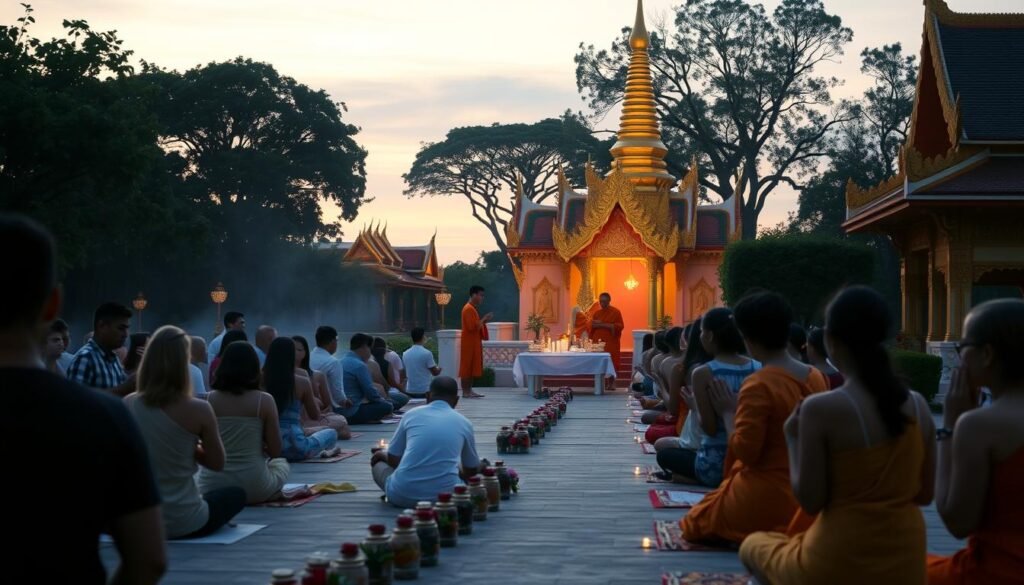 A serene Thai temple at dusk, its ornate golden spires and intricate carvings bathed in warm, diffused light. In the foreground, a group of devotees kneeling on mats, their hands clasped in prayer as they make offerings of flowers, incense, and candles. The middle ground features Buddhist monks in saffron robes, guiding the faithful through the rituals of Khao Phansa, the Buddhist Lent. In the background, trees sway gently, and the sky glows with the soft hues of sunset, creating an atmosphere of tranquility and spiritual contemplation.