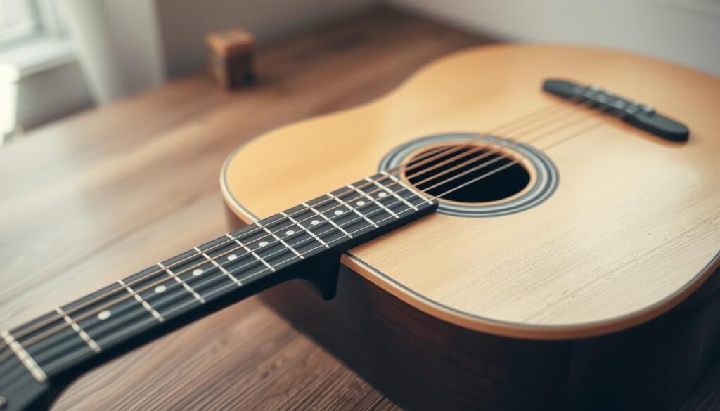 A serene acoustic guitar on a wooden surface, illuminated by soft, natural lighting. The guitar's neck and strings are prominently featured, showcasing the intricate hand positioning and finger movements required for guitar techniques. The background is blurred, creating a sense of focus on the guitar and the tactile experience of playing it. The overall mood is one of contemplation and the exploration of musical expression through the physical act of playing. A serene acoustic guitar on a wooden surface, illuminated by soft, natural lighting. The guitar's neck and strings are prominently featured, showcasing the intricate hand positioning and finger movements required for guitar techniques. The background is blurred, creating a sense of focus on the guitar and the tactile experience of playing it. The overall mood is one of contemplation and the exploration of musical expression through the physical act of playing.