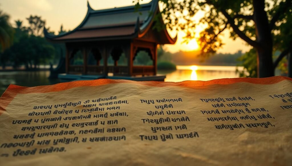 A serene and contemplative scene of Thai wisdom. In the foreground, a collection of handwritten Thai calligraphy on weathered parchment paper, exuding a sense of timeless elegance. The middle ground features a traditional Thai pavilion with intricate woodcarvings, surrounded by lush, verdant foliage. In the background, a tranquil lake reflects the warm, golden hues of the setting sun, creating a soothing and meditative atmosphere. The lighting is soft and diffused, highlighting the tactile and organic qualities of the materials. The overall composition conveys a sense of harmony, inviting the viewer to pause and reflect on the distilled essence of Thai proverbs and their enduring significance. A serene and contemplative scene of Thai wisdom. In the foreground, a collection of handwritten Thai calligraphy on weathered parchment paper, exuding a sense of timeless elegance. The middle ground features a traditional Thai pavilion with intricate woodcarvings, surrounded by lush, verdant foliage. In the background, a tranquil lake reflects the warm, golden hues of the setting sun, creating a soothing and meditative atmosphere. The lighting is soft and diffused, highlighting the tactile and organic qualities of the materials. The overall composition conveys a sense of harmony, inviting the viewer to pause and reflect on the distilled essence of Thai proverbs and their enduring significance.