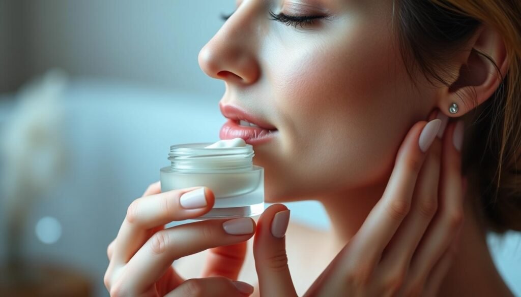 A serene, close-up shot of a woman's hands gently applying a luxurious, fragrant cream to her clean, radiant complexion. The cream, encased in a sleek, minimalist jar, glides effortlessly across the skin, leaving a healthy, dewy glow. Soft, diffused lighting illuminates the scene, creating a sense of tranquility and intimacy. The background is blurred, allowing the focus to remain on the delicate application process, showcasing the care and attention required for achieving a flawless, youthful appearance. The overall atmosphere conveys a sense of self-care, indulgence, and a commitment to nourishing the skin with a premium, natural formula.