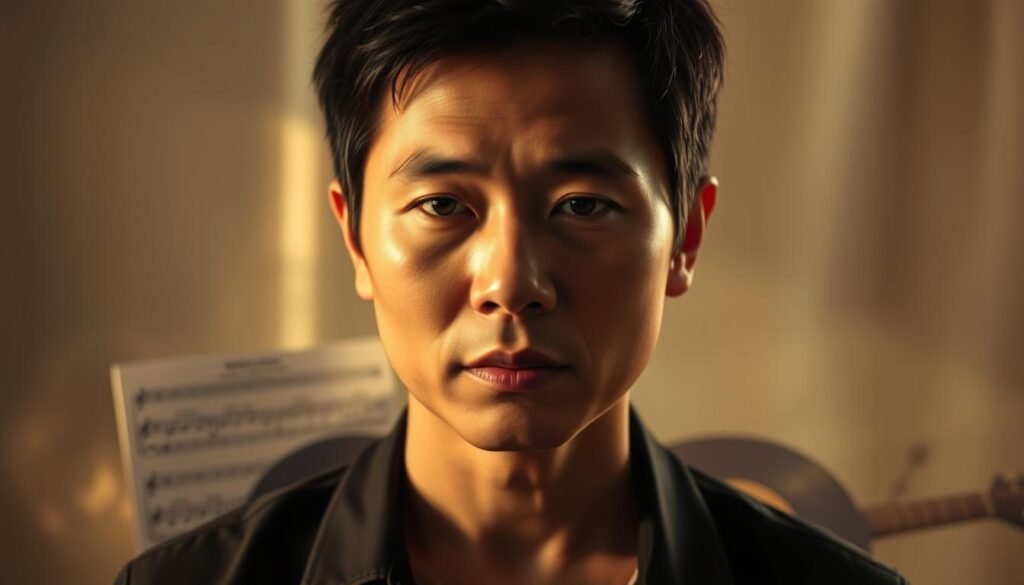 A serene, contemplative portrait of Peybarn Wad, the renowned Thai singer-songwriter, set against a softly blurred background. Their face is illuminated by warm, diffused natural lighting, capturing a pensive, introspective expression. The middle ground features musical elements like sheet music, instruments, or vinyl records, symbolizing their creative journey and acclaimed works. The background gently fades into an atmospheric, dreamlike quality, evoking a sense of artistic inspiration and hard-earned success. The overall composition and tonality convey a sense of quiet pride and thoughtful reflection on Peybarn Wad's remarkable musical accomplishments. A serene, contemplative portrait of Peybarn Wad, the renowned Thai singer-songwriter, set against a softly blurred background. Their face is illuminated by warm, diffused natural lighting, capturing a pensive, introspective expression. The middle ground features musical elements like sheet music, instruments, or vinyl records, symbolizing their creative journey and acclaimed works. The background gently fades into an atmospheric, dreamlike quality, evoking a sense of artistic inspiration and hard-earned success. The overall composition and tonality convey a sense of quiet pride and thoughtful reflection on Peybarn Wad's remarkable musical accomplishments.