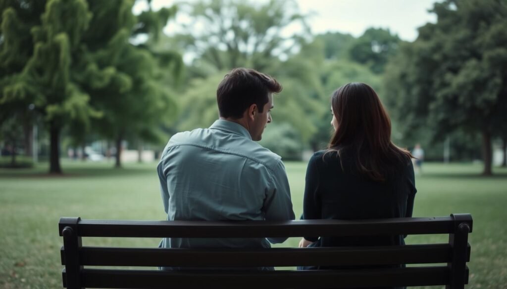 A serene, contemplative scene of a couple seated on a park bench, facing each other in a pensive, yet disconnected manner. The foreground focuses on their subtle body language and facial expressions, conveying a sense of emotional distance and unresolved tension. The middle ground features a lush, green park setting, with swaying trees and a calming, overcast sky, suggesting a bittersweet backdrop to their personal circumstance. The lighting is soft and diffused, creating a melancholic, introspective atmosphere. The overall composition and color palette evoke a sense of introspection, reflection, and the complex nuances of a relationship in transition.