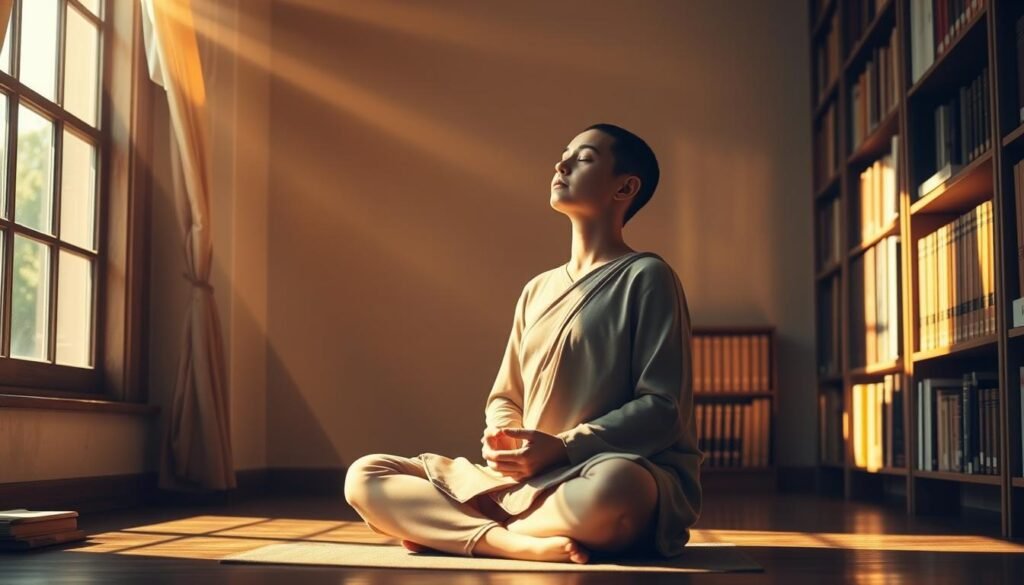 A serene, contemplative scene of a person sitting cross-legged, eyes closed, hands resting gently in their lap. Sunlight filters through a window, casting a warm, golden glow. Bookshelves line the walls, hinting at a tranquil study or meditation space. The figure appears to be deeply immersed in mindful reflection, drawing upon the wisdom and teachings found within the texts surrounding them. The atmosphere is one of quiet introspection, inviting the viewer to pause and consider how the profound insights of Buddhist philosophy can be applied to enrich one's daily life. A serene, contemplative scene of a person sitting cross-legged, eyes closed, hands resting gently in their lap. Sunlight filters through a window, casting a warm, golden glow. Bookshelves line the walls, hinting at a tranquil study or meditation space. The figure appears to be deeply immersed in mindful reflection, drawing upon the wisdom and teachings found within the texts surrounding them. The atmosphere is one of quiet introspection, inviting the viewer to pause and consider how the profound insights of Buddhist philosophy can be applied to enrich one's daily life.