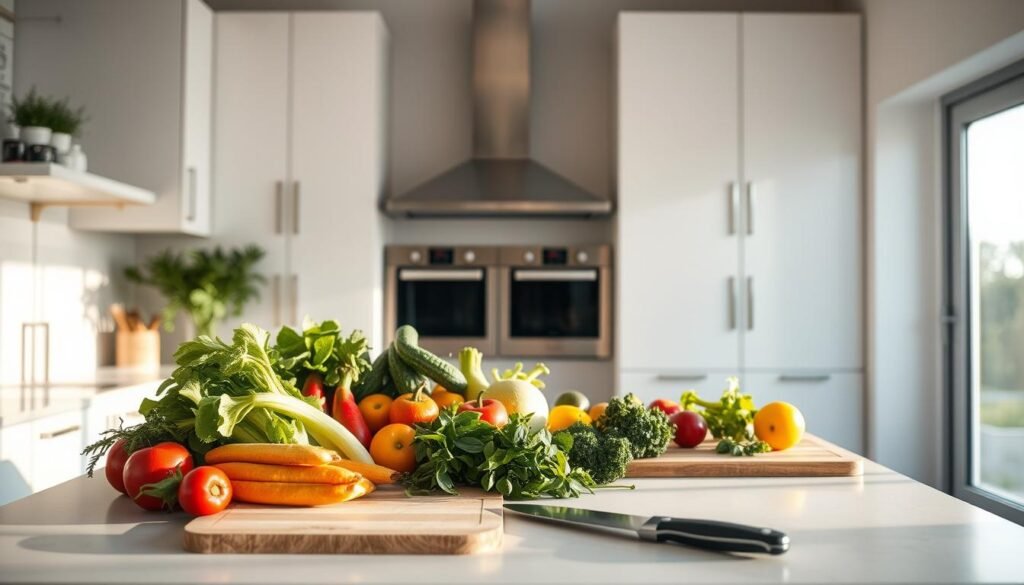 A serene kitchen interior, illuminated by soft natural light filtering through large windows. On the countertop, a variety of fresh produce, neatly arranged - crisp vegetables, ripe fruits, and fragrant herbs. Adjacent, a cutting board and sharp knives, signifying the preparation of wholesome, nutritious meals. In the background, state-of-the-art appliances and clean, minimalist cabinetry, embodying the principles of food safety and sanitation. The overall atmosphere exudes a sense of order, cleanliness, and a deep appreciation for the importance of food handling practices that prioritize consumer wellbeing. A serene kitchen interior, illuminated by soft natural light filtering through large windows. On the countertop, a variety of fresh produce, neatly arranged - crisp vegetables, ripe fruits, and fragrant herbs. Adjacent, a cutting board and sharp knives, signifying the preparation of wholesome, nutritious meals. In the background, state-of-the-art appliances and clean, minimalist cabinetry, embodying the principles of food safety and sanitation. The overall atmosphere exudes a sense of order, cleanliness, and a deep appreciation for the importance of food handling practices that prioritize consumer wellbeing.