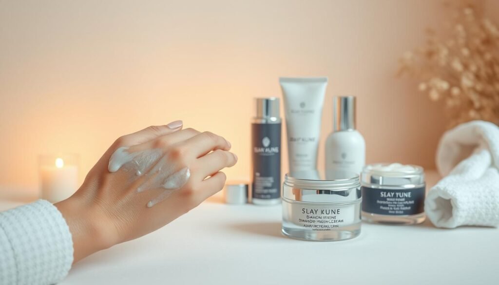 A serene, minimalist scene showcasing the step-by-step application of a luxurious facial cream. In the foreground, a delicate hand gently massages the creamy formula into smooth, glowing skin. The middle ground features an array of high-end skincare products, including the premium diamond-infused cream, arranged in a visually balanced composition. The background is a softly-lit, neutral-toned environment, creating a sense of tranquility and spa-like ambiance. Warm, diffused lighting accentuates the tactile, indulgent nature of the skincare routine. The overall mood is one of refined elegance, inviting the viewer to envision the transformative effects of this premium moisturizing treatment.