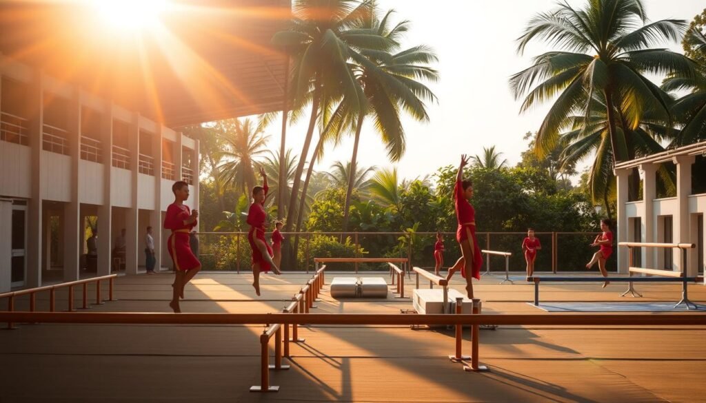 A serene scene of an open-air gymnasium in Thailand, bathed in warm afternoon light. In the foreground, graceful gymnasts in traditional Thai attire perform intricate routines on parallel bars, their movements fluid and controlled. The middle ground showcases a diverse array of gymnastic equipment, from balance beams to uneven bars, all arranged with precision. In the background, lush tropical foliage frames the scene, hinting at the rich history and cultural heritage of Thai gymnastics. The image conveys a sense of elegance, discipline, and the proud legacy of this ancient sport within the country. A serene scene of an open-air gymnasium in Thailand, bathed in warm afternoon light. In the foreground, graceful gymnasts in traditional Thai attire perform intricate routines on parallel bars, their movements fluid and controlled. The middle ground showcases a diverse array of gymnastic equipment, from balance beams to uneven bars, all arranged with precision. In the background, lush tropical foliage frames the scene, hinting at the rich history and cultural heritage of Thai gymnastics. The image conveys a sense of elegance, discipline, and the proud legacy of this ancient sport within the country.