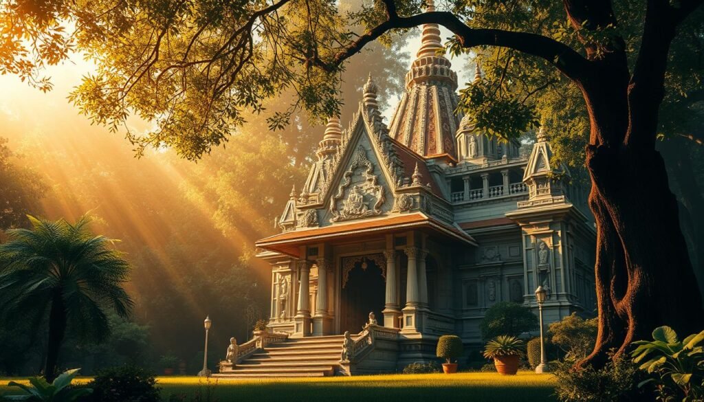 A serene temple nestled in lush greenery, its ornate spires reaching skyward. Intricate carvings and statues depict the cycle of life and death, the interplay of tradition and mortality. Rays of golden light filter through stained glass, casting a contemplative hue upon the scene. In the foreground, a lone figure sits in quiet meditation, lost in thought about the profound nature of existence. The overall atmosphere evokes a sense of reverence, inviting the viewer to ponder the duality of life and death, the beauty and the uncertainty that lies within.