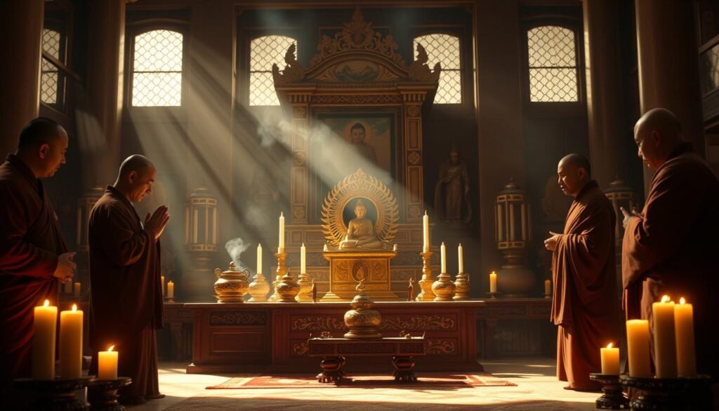 A serene temple setting, with an ornate altar at the center. Intricate ceremonial objects, including incense burners and candles, adorn the altar. Robed monks perform a solemn ritual, their hands clasped in prayer as they invoke the presence of a revered Buddhist relic. Soft, warm lighting filters through the temple's windows, casting a reverent glow over the proceedings. The air is thick with the scent of incense, heightening the sense of sacred ritual. The scene conveys a profound sense of reverence, as the monks engage in the venerable practice of summoning the power of the sacred object. A serene temple setting, with an ornate altar at the center. Intricate ceremonial objects, including incense burners and candles, adorn the altar. Robed monks perform a solemn ritual, their hands clasped in prayer as they invoke the presence of a revered Buddhist relic. Soft, warm lighting filters through the temple's windows, casting a reverent glow over the proceedings. The air is thick with the scent of incense, heightening the sense of sacred ritual. The scene conveys a profound sense of reverence, as the monks engage in the venerable practice of summoning the power of the sacred object.