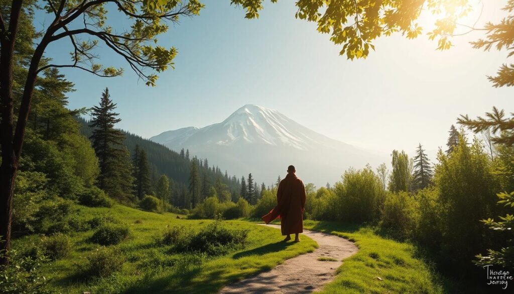 A serene, tranquil landscape with a towering mountain in the background, its snow-capped peaks piercing the sky. In the foreground, a winding path leads through a lush, verdant forest, where a lone figure stands in contemplation, their robes flowing gently in a soft breeze. Dappled sunlight filters through the canopy, casting a warm, ethereal glow on the scene. A sense of introspection and inner peace permeates the atmosphere, inviting the viewer to embark on a journey of self-discovery and personal growth. A serene, tranquil landscape with a towering mountain in the background, its snow-capped peaks piercing the sky. In the foreground, a winding path leads through a lush, verdant forest, where a lone figure stands in contemplation, their robes flowing gently in a soft breeze. Dappled sunlight filters through the canopy, casting a warm, ethereal glow on the scene. A sense of introspection and inner peace permeates the atmosphere, inviting the viewer to embark on a journey of self-discovery and personal growth.