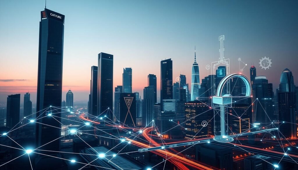 A sleek, futuristic cityscape with towering skyscrapers and gleaming, interconnected infrastructure. In the foreground, a stylized visualization of data flows and technological integration, depicted through abstract geometric shapes and luminous lines. The middle ground showcases various advanced technological systems, such as robotics, AI interfaces, and digital security measures, all working in seamless harmony. The background features a subdued, twilight-tinged sky, evoking a sense of progress, innovation, and a future where technology and security are deeply intertwined. The overall scene conveys a striking balance between the physical and digital realms, reflecting the theme of "Integration of Technology and Security Policy". A sleek, futuristic cityscape with towering skyscrapers and gleaming, interconnected infrastructure. In the foreground, a stylized visualization of data flows and technological integration, depicted through abstract geometric shapes and luminous lines. The middle ground showcases various advanced technological systems, such as robotics, AI interfaces, and digital security measures, all working in seamless harmony. The background features a subdued, twilight-tinged sky, evoking a sense of progress, innovation, and a future where technology and security are deeply intertwined. The overall scene conveys a striking balance between the physical and digital realms, reflecting the theme of "Integration of Technology and Security Policy".