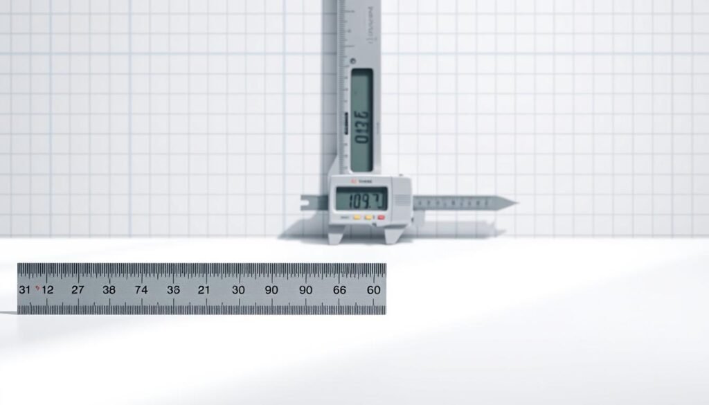 A sleek, minimalist illustration showcasing the techniques and tricks for unit conversion. In the foreground, a ruler with both metric and imperial scales rests atop a crisp, white surface, casting subtle shadows. The middle ground features a pair of sophisticated, silver calipers neatly arranged, their digital display visible. In the background, a blueprint-like grid pattern creates a sense of precision and technicality. The lighting is soft and even, highlighting the silver and metal tones of the tools. The overall mood is one of efficiency, organization, and a methodical approach to measurement conversion. A sleek, minimalist illustration showcasing the techniques and tricks for unit conversion. In the foreground, a ruler with both metric and imperial scales rests atop a crisp, white surface, casting subtle shadows. The middle ground features a pair of sophisticated, silver calipers neatly arranged, their digital display visible. In the background, a blueprint-like grid pattern creates a sense of precision and technicality. The lighting is soft and even, highlighting the silver and metal tones of the tools. The overall mood is one of efficiency, organization, and a methodical approach to measurement conversion.