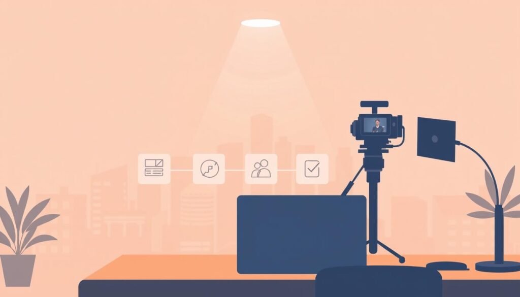 A sleek, minimalist video production workflow depicted in a clean, stylized illustration. In the foreground, a filmmaking workstation with a laptop, camera, and editing software. The middle ground showcases the key steps - filming, editing, and post-production - represented by simple icons or illustrations. The background features a softly blurred cityscape, hinting at the professional environment. Warm, muted tones create a modern, accessible aesthetic. Subtle lighting from above casts a gentle glow, guiding the viewer's focus. The overall composition is balanced and visually appealing, conveying the straightforward, user-friendly nature of the video creation process. A sleek, minimalist video production workflow depicted in a clean, stylized illustration. In the foreground, a filmmaking workstation with a laptop, camera, and editing software. The middle ground showcases the key steps - filming, editing, and post-production - represented by simple icons or illustrations. The background features a softly blurred cityscape, hinting at the professional environment. Warm, muted tones create a modern, accessible aesthetic. Subtle lighting from above casts a gentle glow, guiding the viewer's focus. The overall composition is balanced and visually appealing, conveying the straightforward, user-friendly nature of the video creation process.