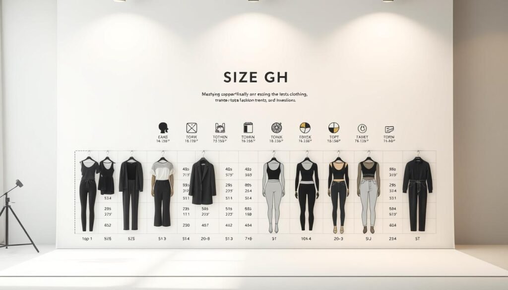 A sleek, modern, and comprehensive fashion size chart, showcasing the latest trends in clothing dimensions. The scene depicts a minimalist, well-lit studio setting, with a neutral-toned backdrop and crisp, clean lighting. In the foreground, a neatly organized grid of size measurements and silhouettes is displayed, showcasing a range of garment types, from tops to bottoms, in a visually appealing and informative manner. The middle ground features elegant, stylized icons and infographic elements that highlight key size-related insights and market trends. The background subtly suggests a sense of professionalism and authority, with a hint of sophisticated design elements that reinforce the credibility of the content. The overall mood is one of clarity, precision, and a forward-looking approach to the evolving landscape of fashion sizing.
