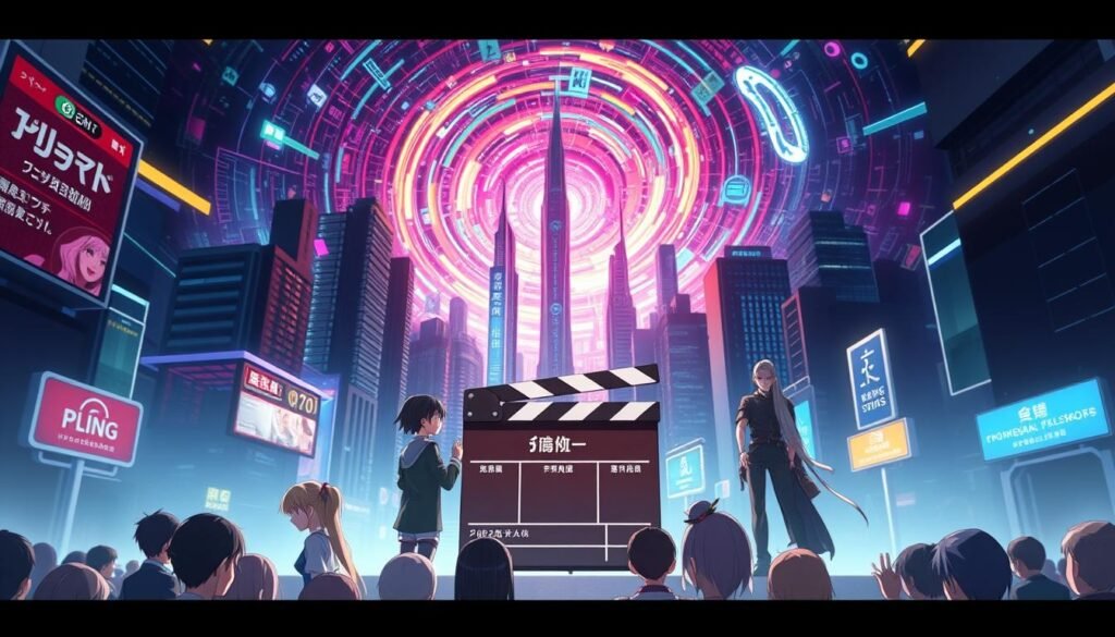A sleek, modern anime-style illustration depicting the latest production updates for a highly anticipated sequel series. In the foreground, a group of stylized anime characters, each with distinct personalities and designs, are gathered around a central point of focus - a detailed 3D model of a clapperboard, signifying the ongoing development process. The middle ground features a vibrant, futuristic cityscape, with towering skyscrapers and neon-lit streets, conveying a sense of technological advancement and creative energy. The background is dominated by a swirling, ethereal vortex of colorful data streams and digital elements, symbolizing the flow of information and the excitement surrounding the upcoming release. The overall composition is dynamic, with a cinematic lighting setup that casts dramatic shadows and highlights the intricate details of the scene. The mood is one of anticipation, innovation, and the fusion of traditional anime aesthetics with cutting-edge digital art. A sleek, modern anime-style illustration depicting the latest production updates for a highly anticipated sequel series. In the foreground, a group of stylized anime characters, each with distinct personalities and designs, are gathered around a central point of focus - a detailed 3D model of a clapperboard, signifying the ongoing development process. The middle ground features a vibrant, futuristic cityscape, with towering skyscrapers and neon-lit streets, conveying a sense of technological advancement and creative energy. The background is dominated by a swirling, ethereal vortex of colorful data streams and digital elements, symbolizing the flow of information and the excitement surrounding the upcoming release. The overall composition is dynamic, with a cinematic lighting setup that casts dramatic shadows and highlights the intricate details of the scene. The mood is one of anticipation, innovation, and the fusion of traditional anime aesthetics with cutting-edge digital art.